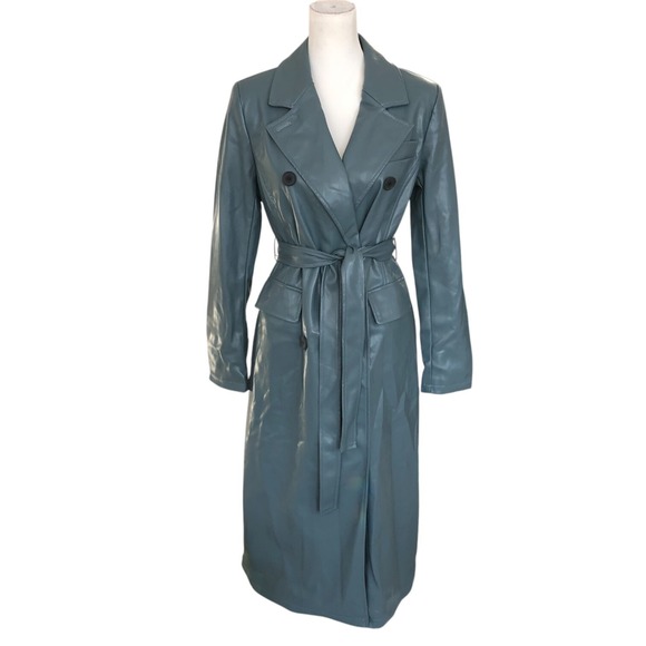 7 for all Mankind Dark Green/Gray Faux Leather Belted Long Line Trench Coat sz S - Picture 1 of 12